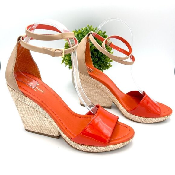 KATE SPADE ORANGE LEATHER ESPADRILLE WEDGE SANDALS HEELS - 7.5 - Picture 2 of 10
